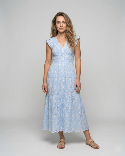 Damen Lochstickerei Maxikleid mit Volantrock