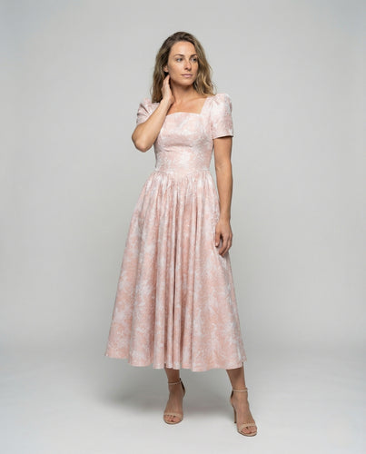 Damen Jacquard Midikleid mit Puffärmeln