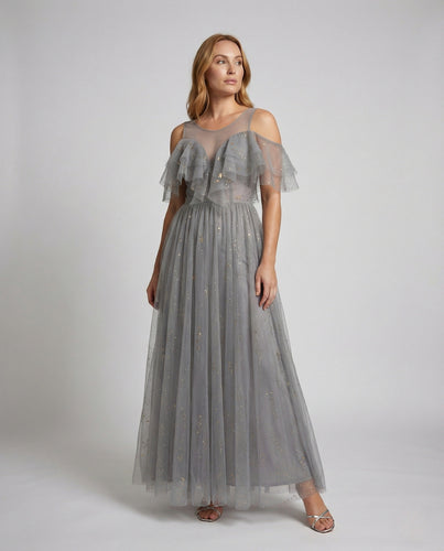 Damen Schulterfreies Tüll Abendkleid mit Glitzer