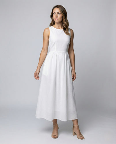Damen Strand Maxikleid aus Leinenmix mit Rundhalsausschnitt