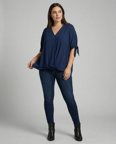 Damen V-Ausschnitt Bluse mit Bindärmeln