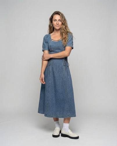Damen Jeansoptik Kleid mit Korsettschnürung