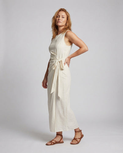 Damen Leinenoptik Maxikleid mit Taillenschleife