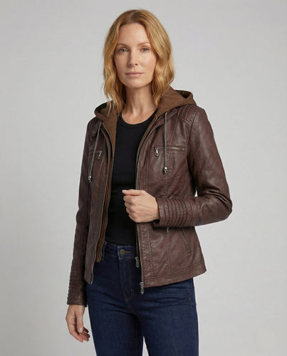 Damen Kunstlederjacke mit Kapuze