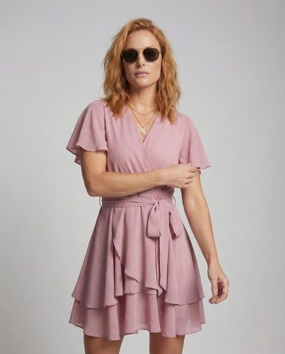 Damen Chiffon Wickelkleid mit Stufenrock