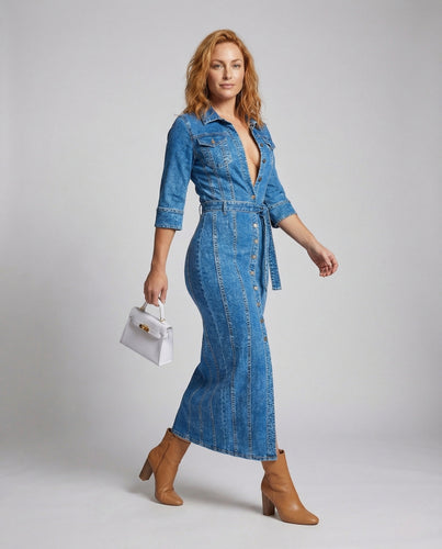 Damen Jeansoptik Midikleid mit Knopfleiste