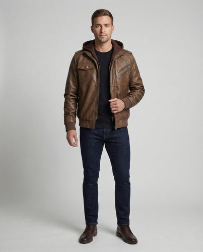 Herren Kunstlederjacke mit Kontrastkapuze & Reißverschlusstaschen