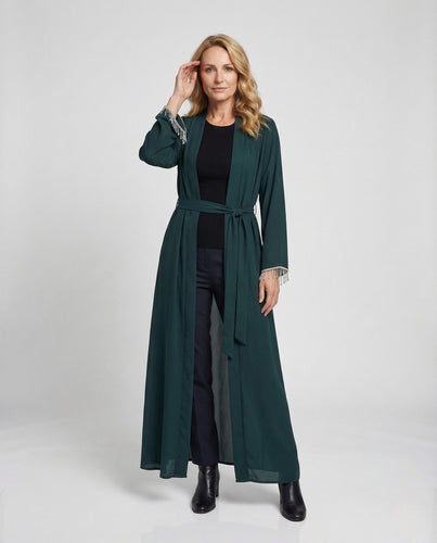 Damen Maxi Abaya mit Perlenfransen & Bindegürtel Elegantes Kleid
