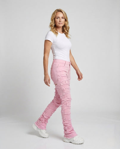 Damen High Waist Destroy Jeans mit Fransen Skinny Denim