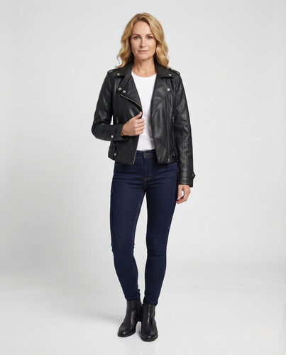 Damen kurze Bikerjacke aus Kunstleder mit asymmetrischem Zipper