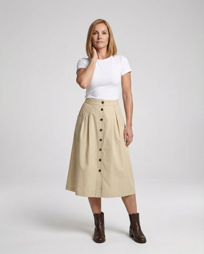 Damen Midirock mit Knopfleiste & Kellerfalten