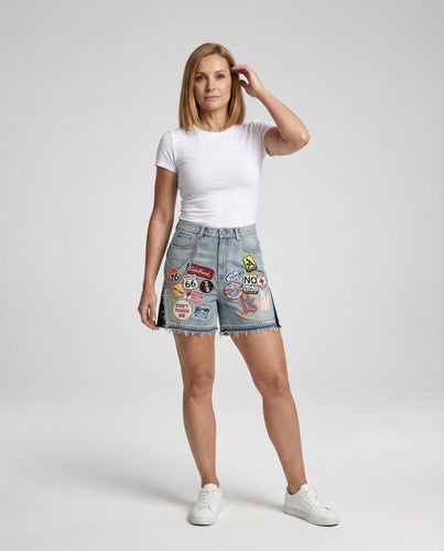 Damen Patchwork Jeans Shorts mit Fransen & Metallkette