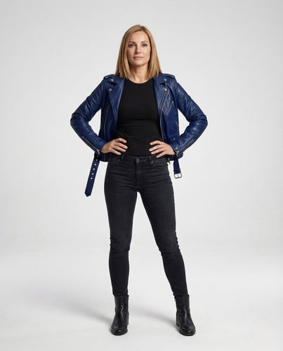 Damen taillierte Bikerjacke Lederoptik mit Gürtel