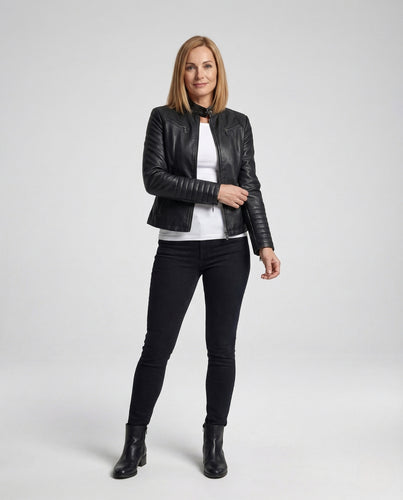 Damen Kunstleder Bikerjacke mit Stehkragen & Steppärmeln