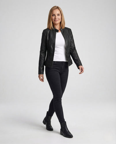 Damen Kunstlederjacke mit Reißverschlusstaschen Slim Jacket