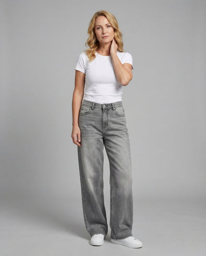 Damen Extraweite Jeans mit Hoher Taille und Weitem Schlag Denim Hose