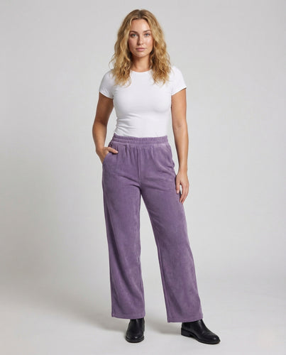 Damen Gefütterte Cordhose mit Weitem Bein und Elastischem Bund