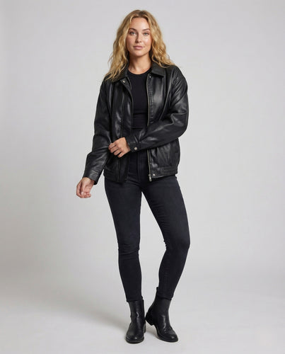 Damen Oversize Kunstleder Blousonjacke mit Hemdkragen und Reißverschluss