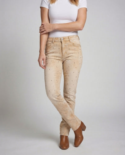 Damen Bootcut Jeans Schmal Geschnitten mit Strassbesatz und Offenem Saum
