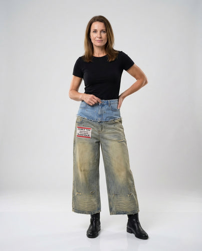 Damen Zweiteilige Jeanshose Set Hochgeschnitten mit Weitem Bein