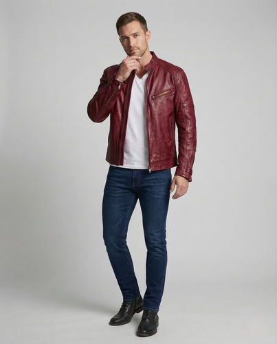 Herren Lederjacke Biker Stil Schmal Geschnitten mit Stehkragen