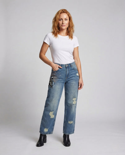 Damen High Waist Jeans Gerade mit Applikationen