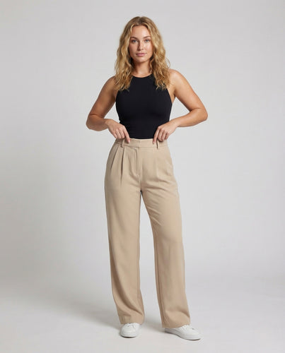 Damen Bundfaltenhose High Waist Weites Bein Verdeckter Verschluss