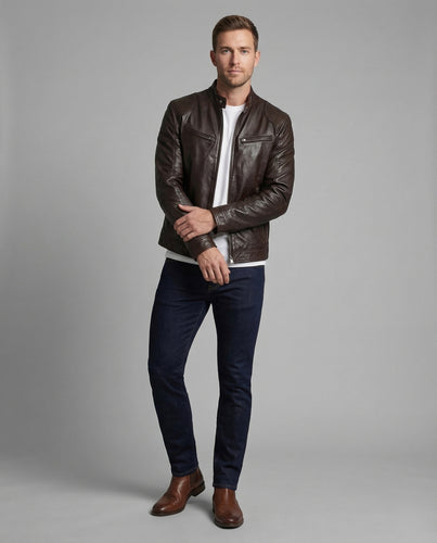 Herren Lederjacke Slim Fit Stehkragen Reißverschlusstaschen