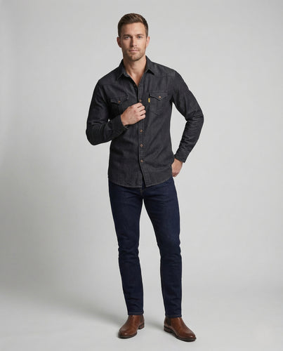Herren Denimhemd Langarm Western Stil Brusttaschen