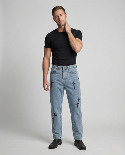 Unisex Baggy Jeans Kreuzstickerei Tiefer Schritt