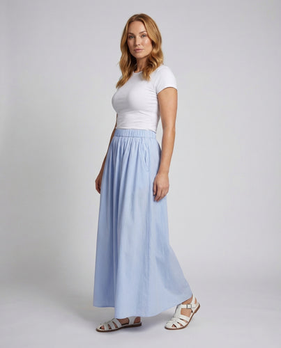 Damen Maxirock Popeline Elastischer Bund Taschen