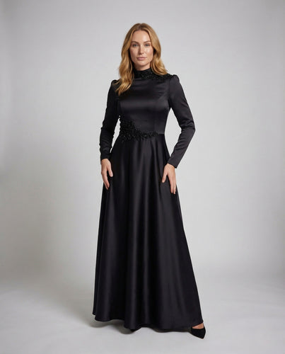 Damen Abendkleid Elegant Stehkragen Perlenapplikation