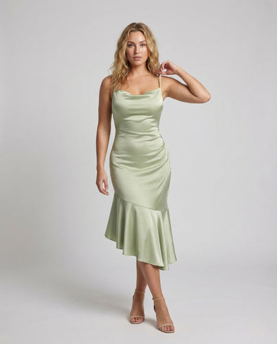 Damen Satin Midikleid Wasserfall Ausschnitt Volant