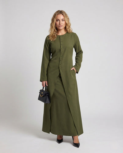 Damen Maxikleid Tailliert Knopfleiste Seitenschlitz