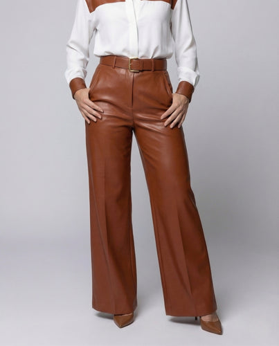 Damen Schlaghose Kunstleder High Waist Gürtel