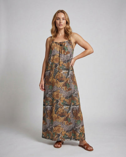 Damen Maxikleid Spaghettiträger Blattdruck