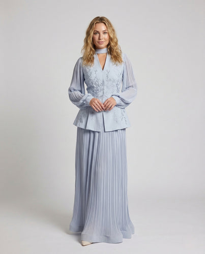 Damen Set Bluse Schößchen Maxirock Plissee