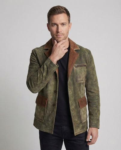 Herren Ledersakko Vintage Look Kontrastbesatz