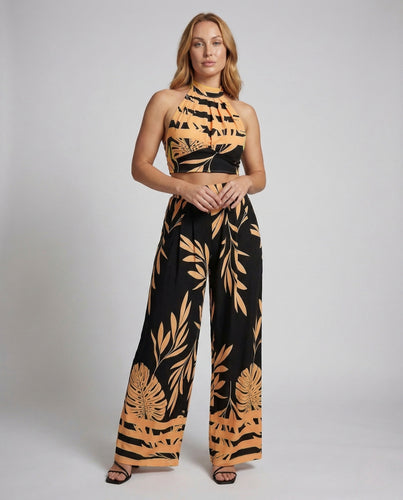 Damen Set Neckholder Top Palazzo Hose Blattprint