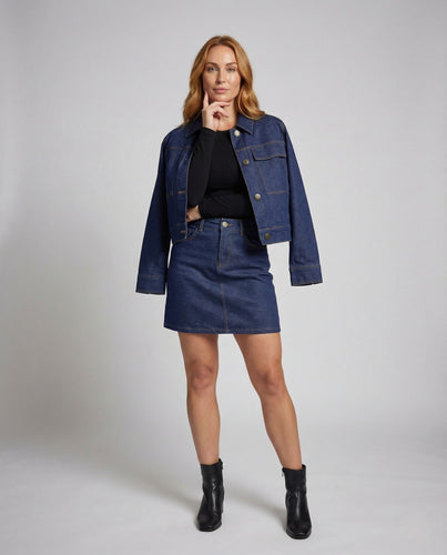 Damen Jeans Set Oversize Jacke A Linie Rock
