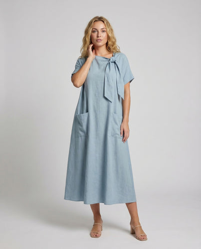 Damen Maxikleid Knotenkragen Taschen