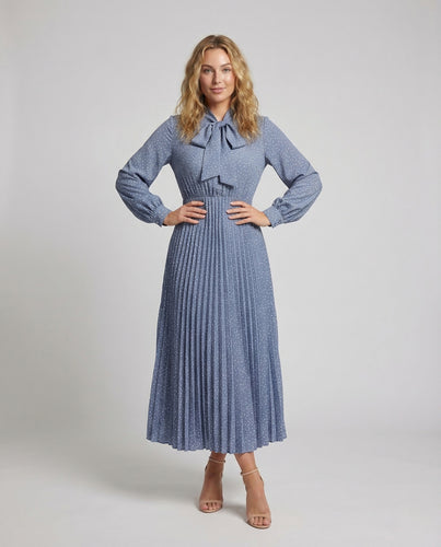 Damen Plissee Maxikleid Schleifenkragen Gürtel