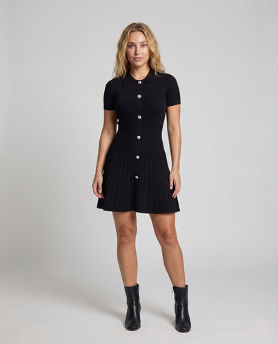 Damen Rippstrickkleid Polokragen Knopfleiste