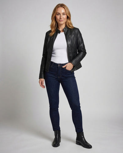 Damen Kunstleder Bikerjacke Steppärmel