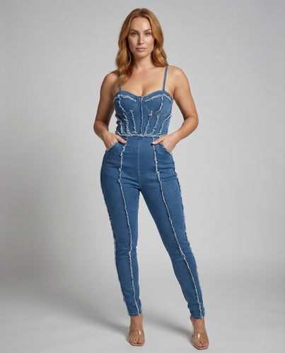 Damen Jeans Bustier Overall Fransen
