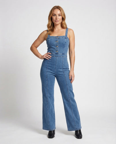 Damen Denim Jumpsuit Korsett Druckknopf