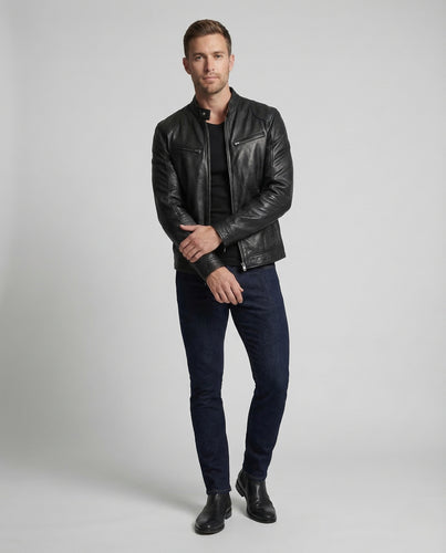 Herren Leder Bikerjacke Slim Stehkragen