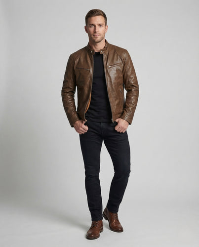 Herren Leder Racerjacke Stehkragen