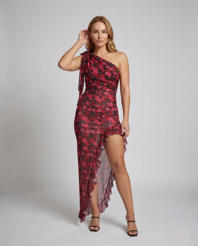 Damen Maxikleid Asymmetrisch One Shoulder Volants