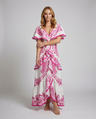 Damen Maxikleid V Ausschnitt Volant
